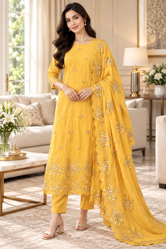 SD1125 - Organza Unstitched Suit with Mirror Highlighting, Embroidered Dupatta & Scalloped Edges