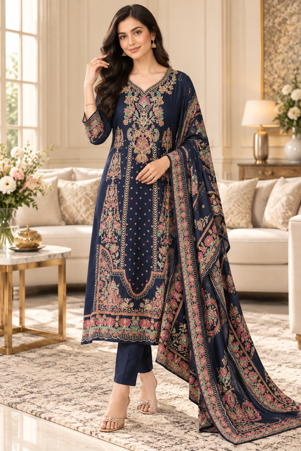 SD1241-Crepe Unstitched Suit Set with Overall Zari Highlighting and  Chinnon Digital Print Dupatta