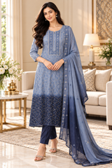 SD1223 - Mul Cotton Unstitched Suit with Ombre Effect, Overall Embroidered Kurta & Matching Dupatta