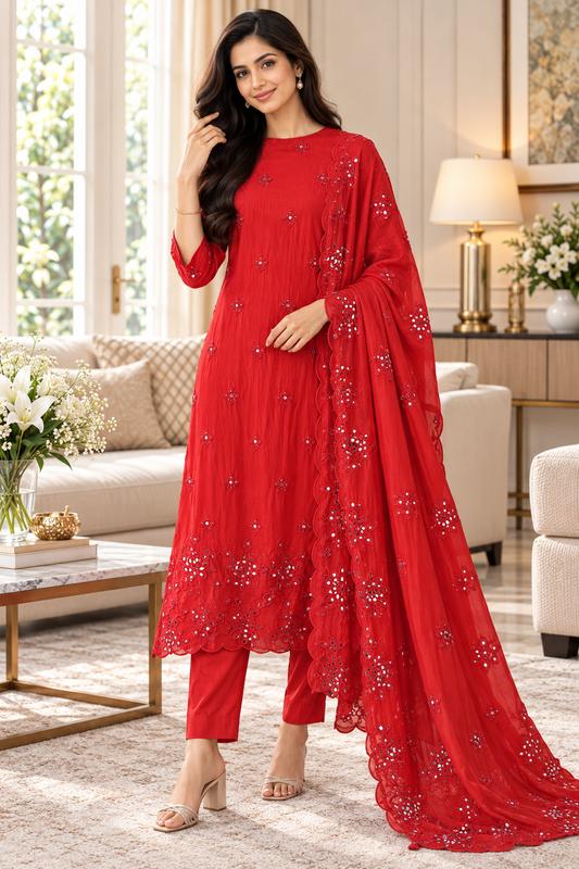 SD1125 - Organza Unstitched Suit with Mirror Highlighting, Embroidered Dupatta & Scalloped Edges