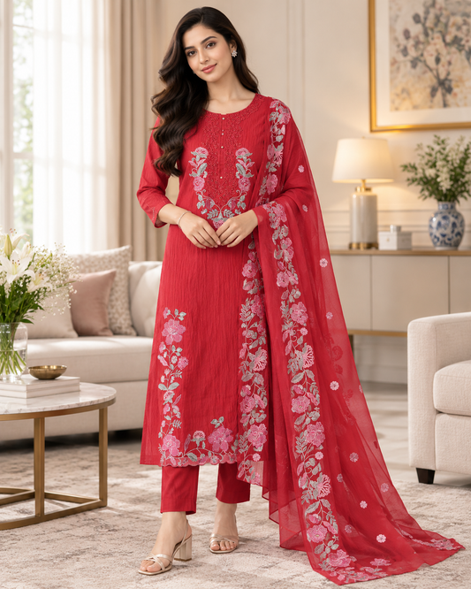 SD1151 - Mul cotton Laser Cut & Thread Embroidery Unstitched Suit with Embroidered Dupatta