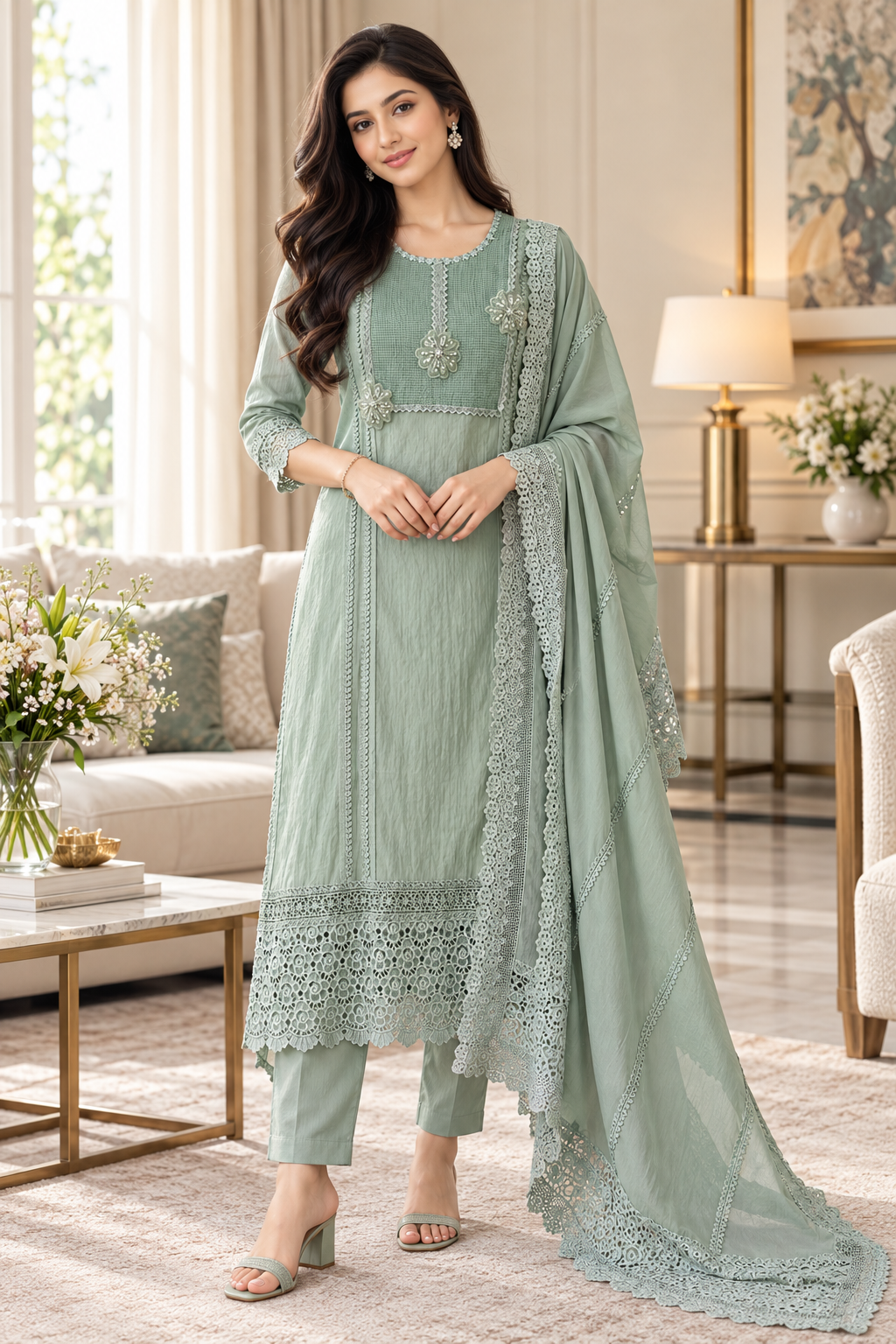 SD1117 - Pakistani Style Mul Cotton Unstitched Suit Set with Crochet Lacing & Sequin Work