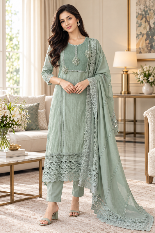 SD1117 - Pakistani Style Mul Cotton Unstitched Suit Set with Crochet Lacing & Sequin Work