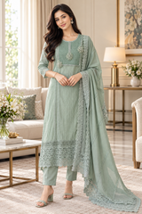 SD1117 - Pakistani Style Mul Cotton Unstitched Suit Set with Crochet Lacing & Sequin Work
