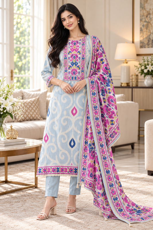 SD1139 - Elegant Linen Cotton Digital Printed Unstitched Suit with Hand Work & Tasselled Dupatta