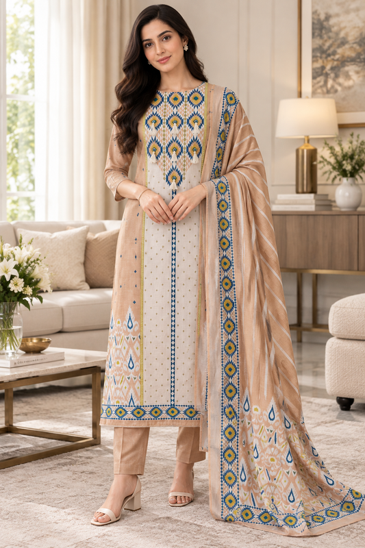 SD1118 -Linen Cotton Digital Printed Unstitched Suit with Mirror Work, Pearl Highlighting & Dupatta