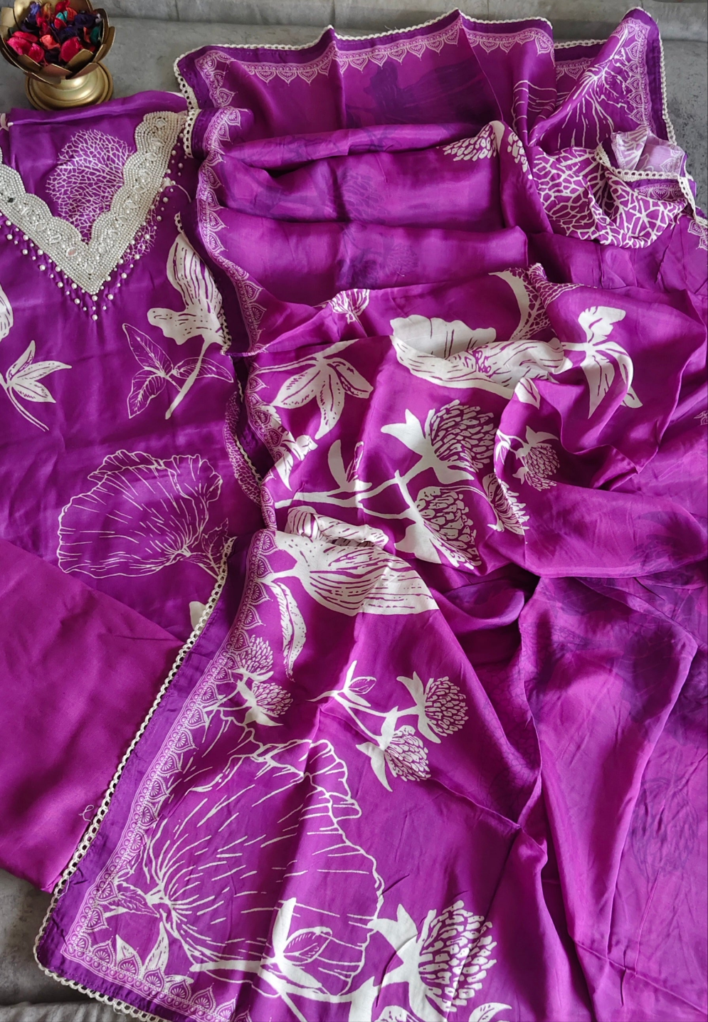 Muslin Digital print pearl work Semi Stitched Suit