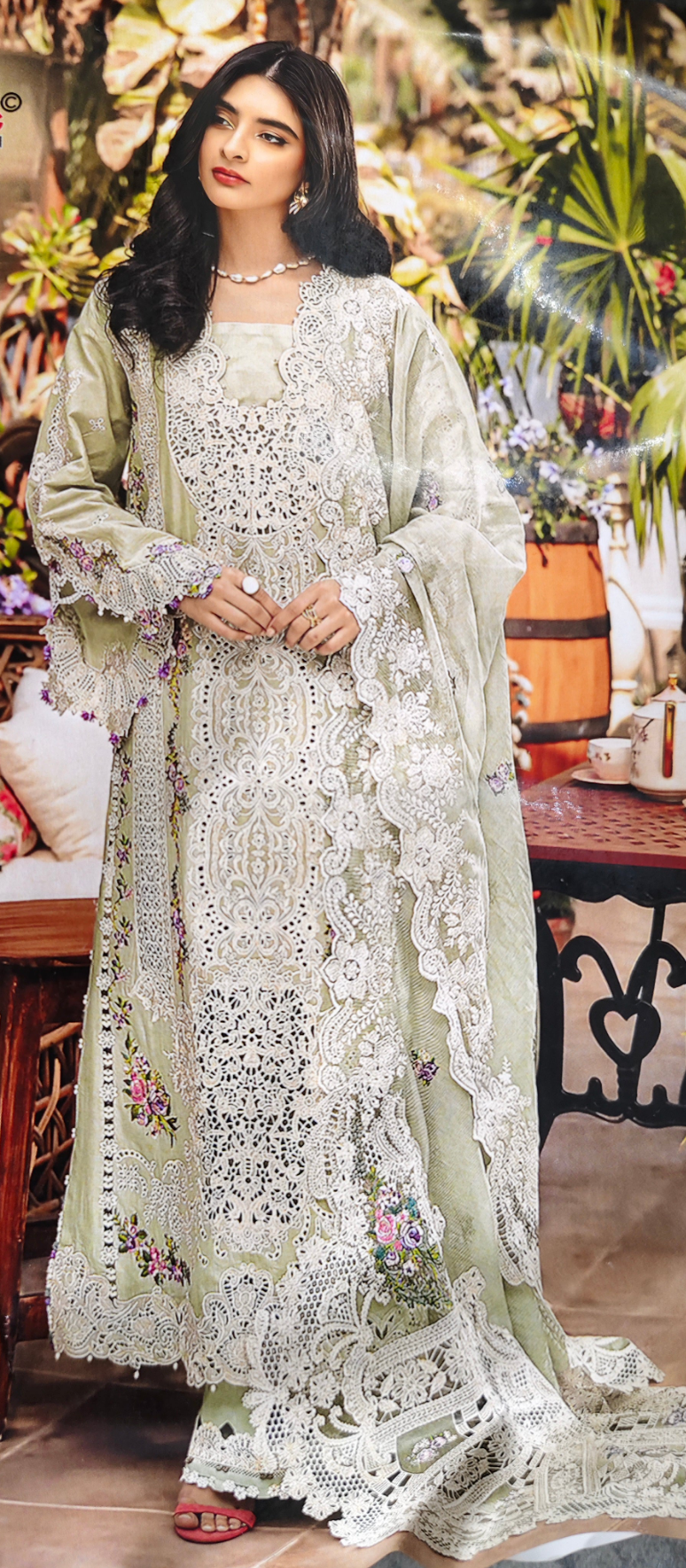 Elegant Embroidered Unstitched Suit – Cotton Kurta with Organza Daman & Soft Dupatta