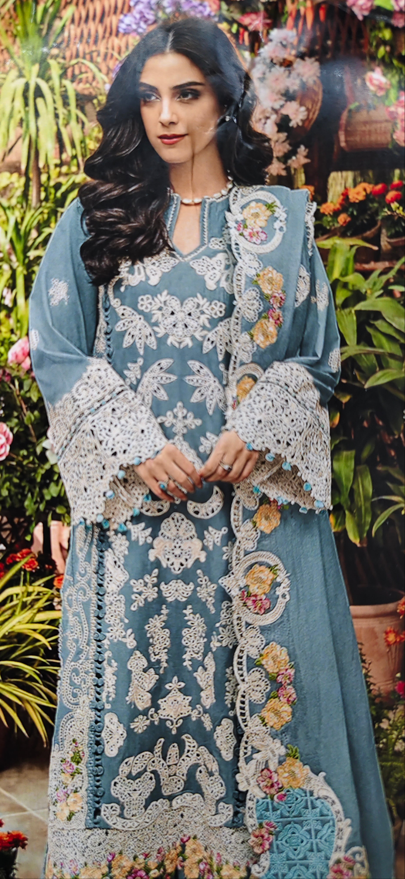 Elegant Embroidered Unstitched Suit – Cotton Kurta with Organza Daman & Soft Dupatta