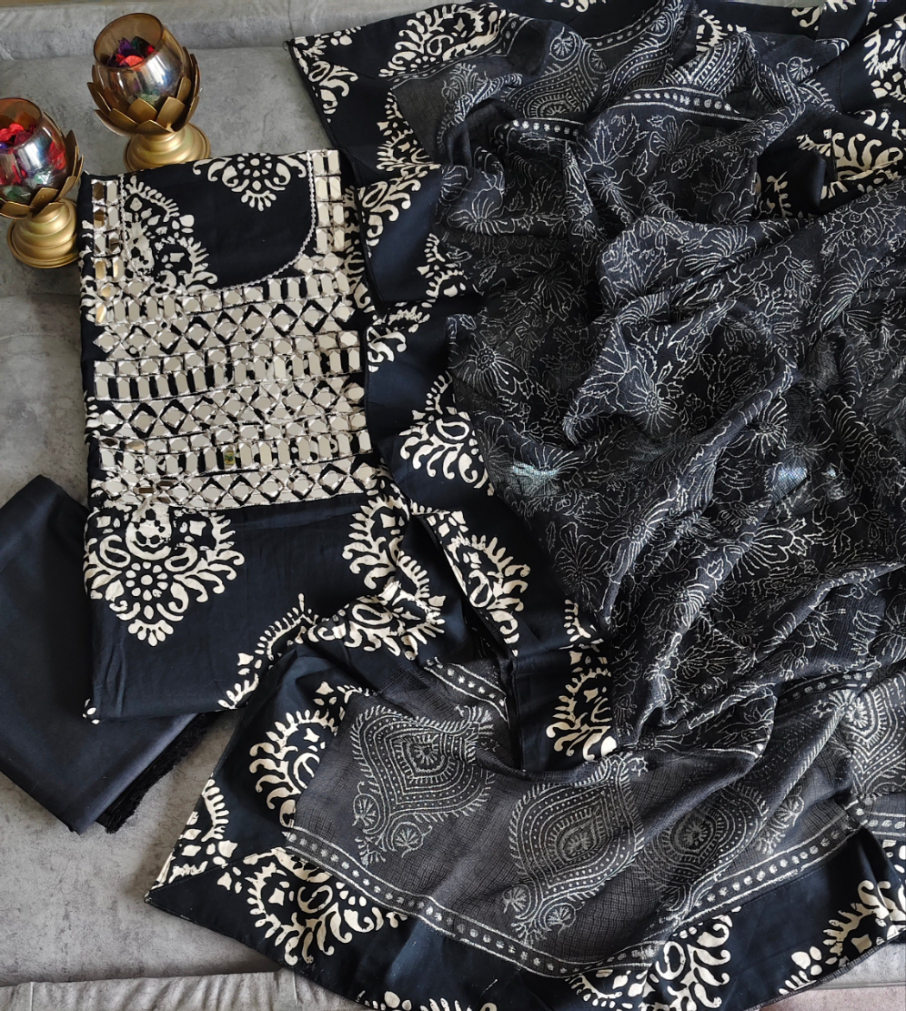 Cotton Suit Set with Real Mirror Work & Printed Kota Dupatta – Unstitched Elegance