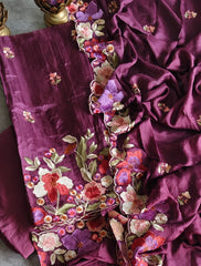 Parsi Embroidery- Designer Crepe Suit with Scalloped Chinnon Dupatta