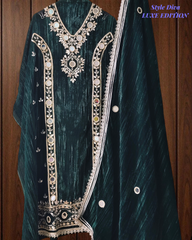(Green)Luxury Crush Velvet Un-Stitched Suit with Gotta, Zari & Mirror Work