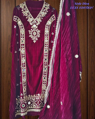 (Purple)Luxury Crush Velvet Un-Stitched Suit with Gotta, Zari & Mirror Work
