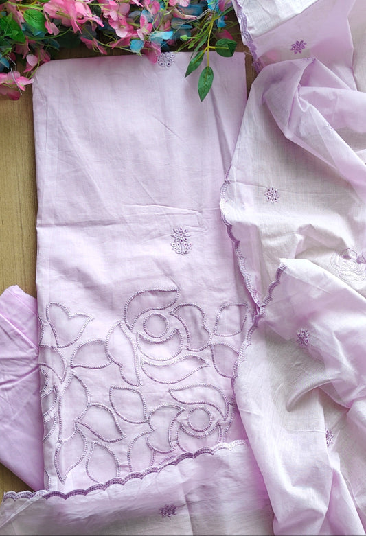 Cotton Laser Cut & Embroidered Unstitched Suit with Scalloped Dupatta (3 Pc Set)