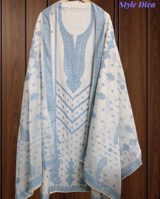Pure Cotton Weaving Embroidery Unstitched Suit with Coordinated Dupatta