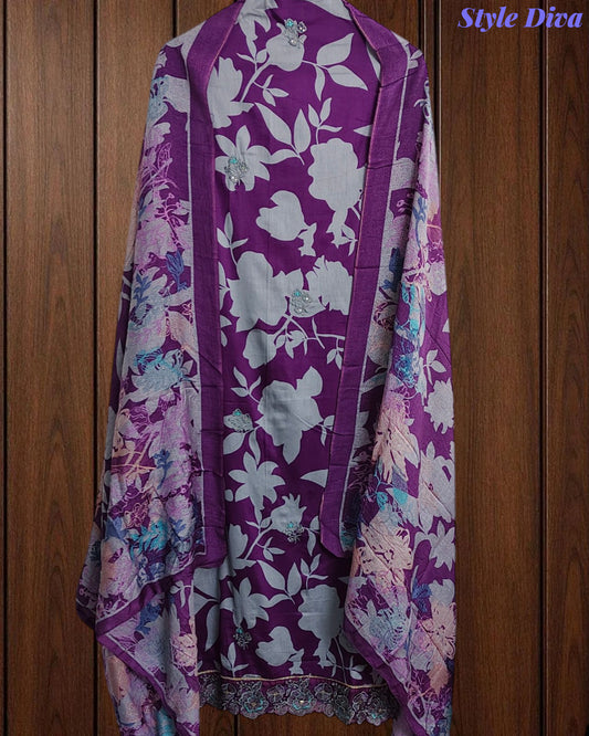 Cotton Printed Daman Embroidery Unstitched Suit Set