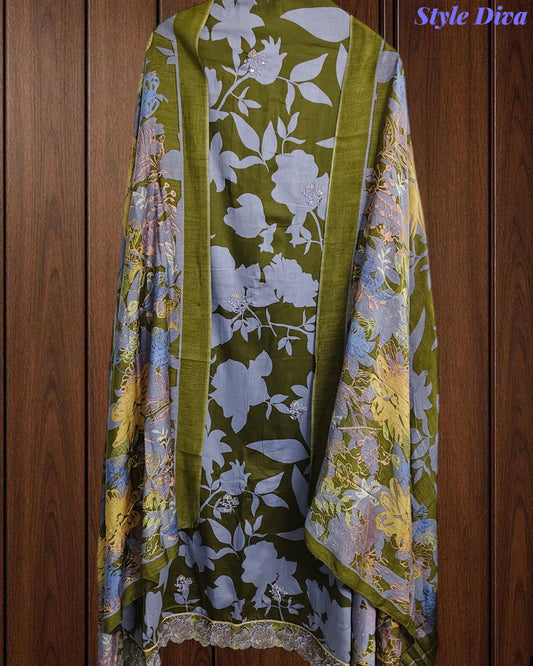 Cotton Printed Daman Embroidery Unstitched Suit Set