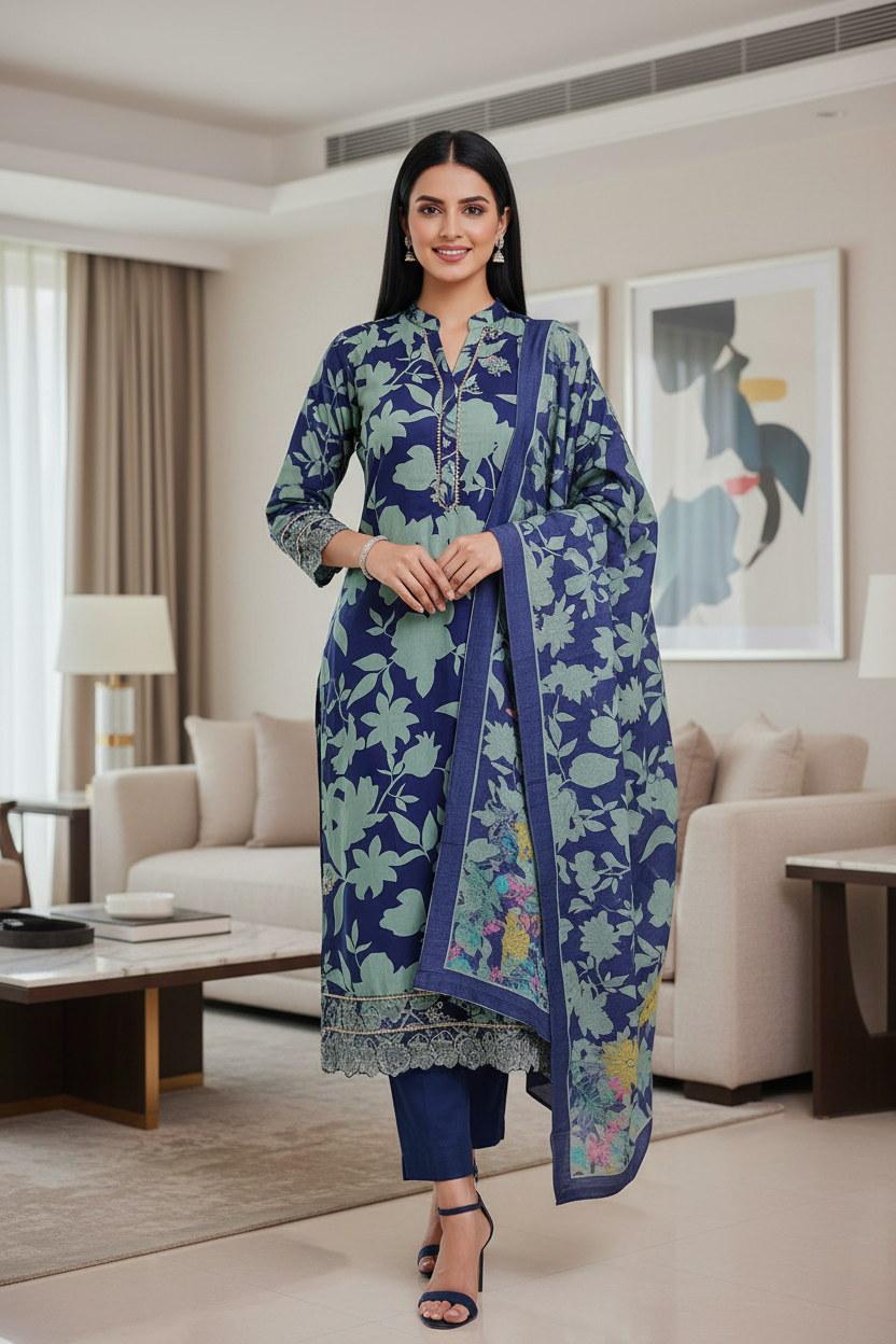 Cotton Printed Daman Embroidery Unstitched Suit Set