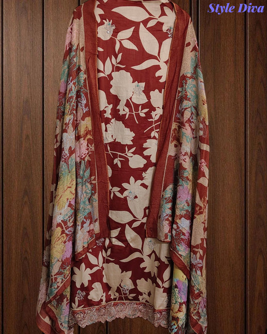 Cotton Printed Daman Embroidery Unstitched Suit Set