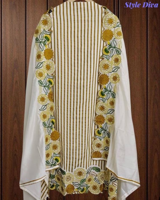 Cotton Printed Daman Embroidery Work Unstitched Suit with Muslin Scalloped Dupatta