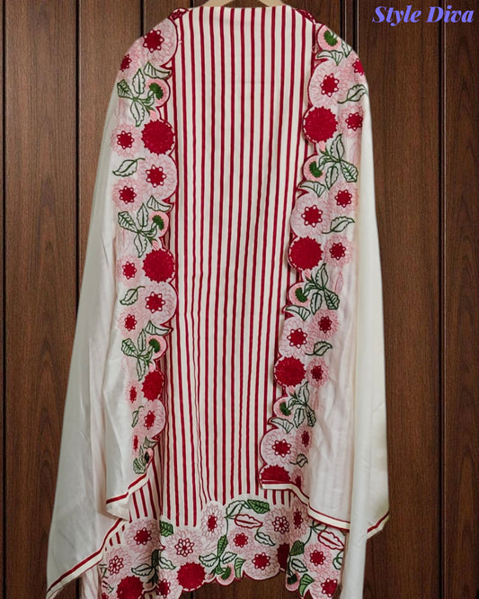 Cotton Printed Daman Embroidery Work Unstitched Suit with Muslin Scalloped Dupatta