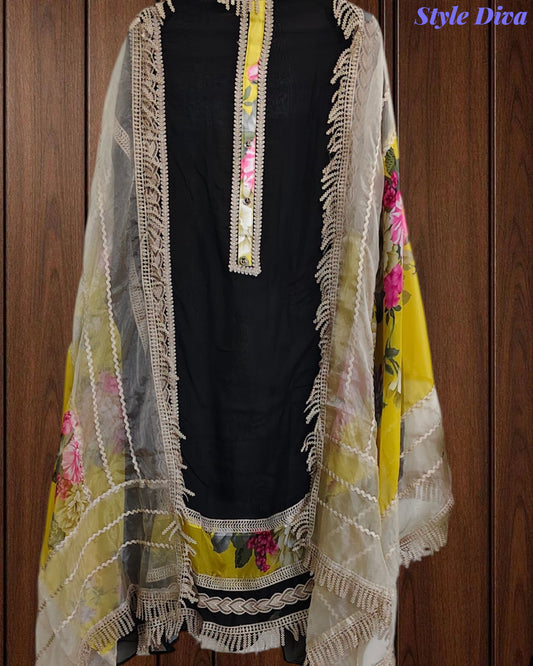 Organza Pakistani Style Crochet Lacing Party Wear Unstitched Suit Set
