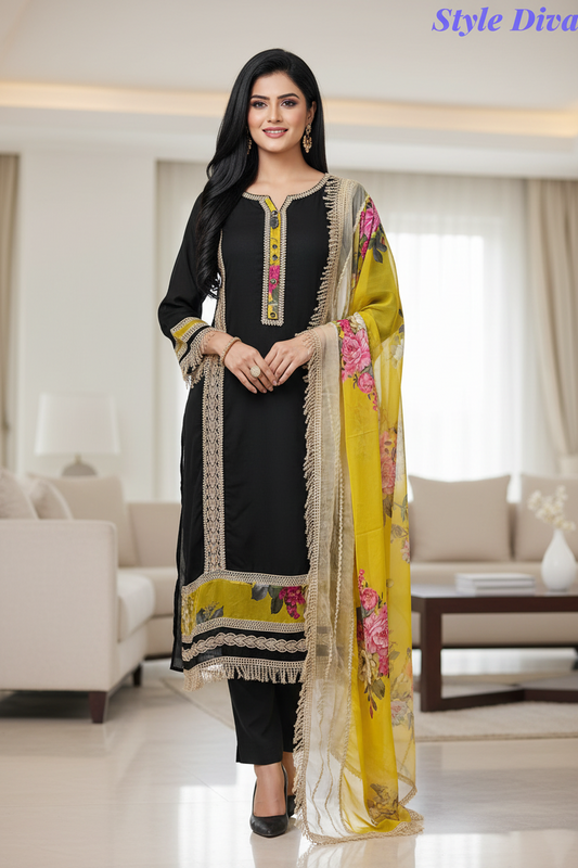 Organza Pakistani Style Crochet Lacing Party Wear Unstitched Suit Set