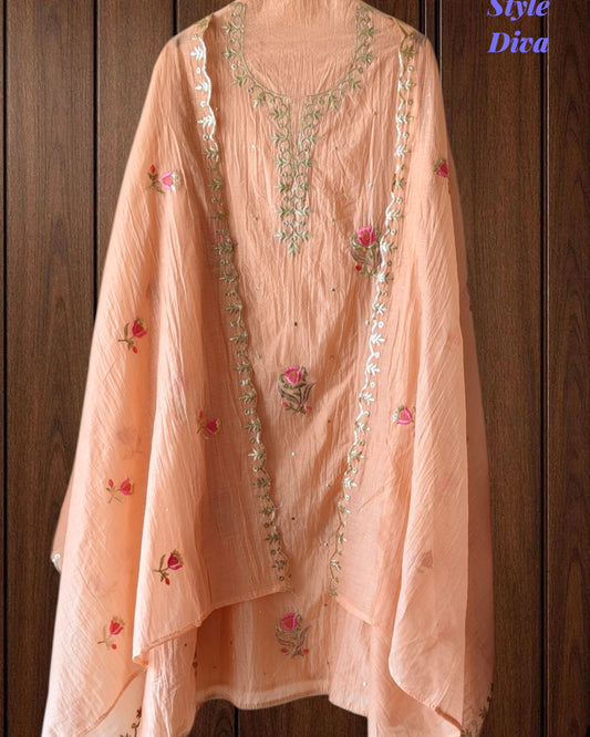 Mul Cotton Pita Work Unstitched Suit with embroidery n Elegant Dupatta (