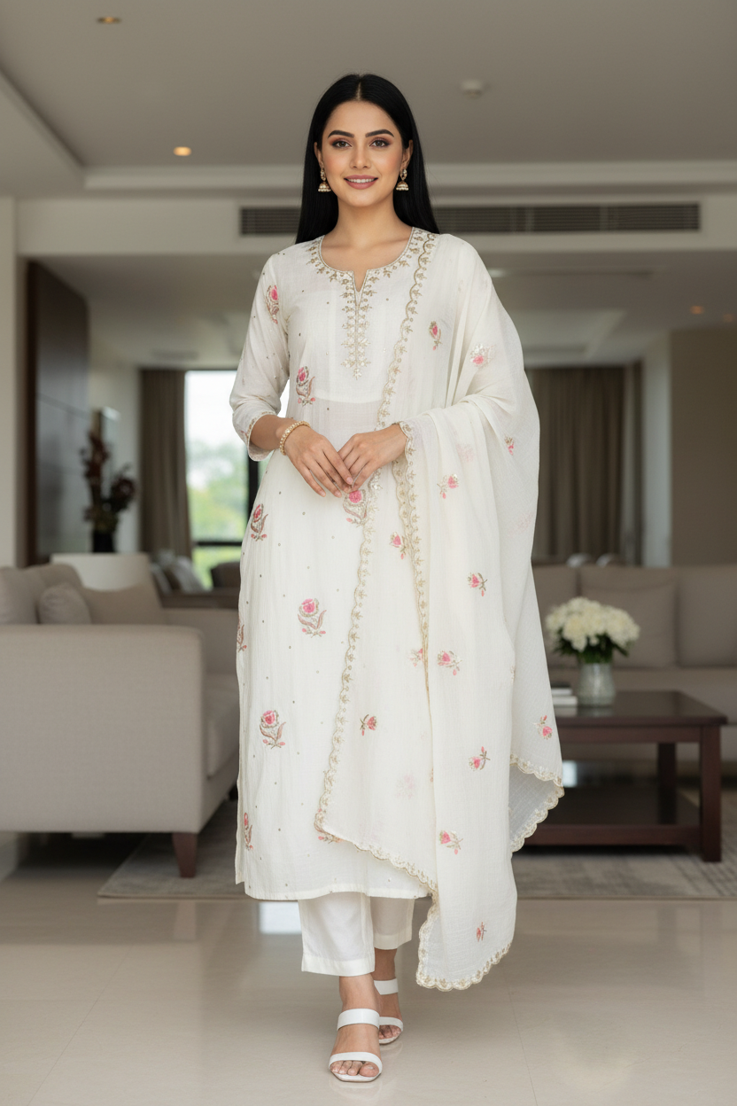Mul Cotton Pita Work Unstitched Suit with embroidery n Elegant Dupatta