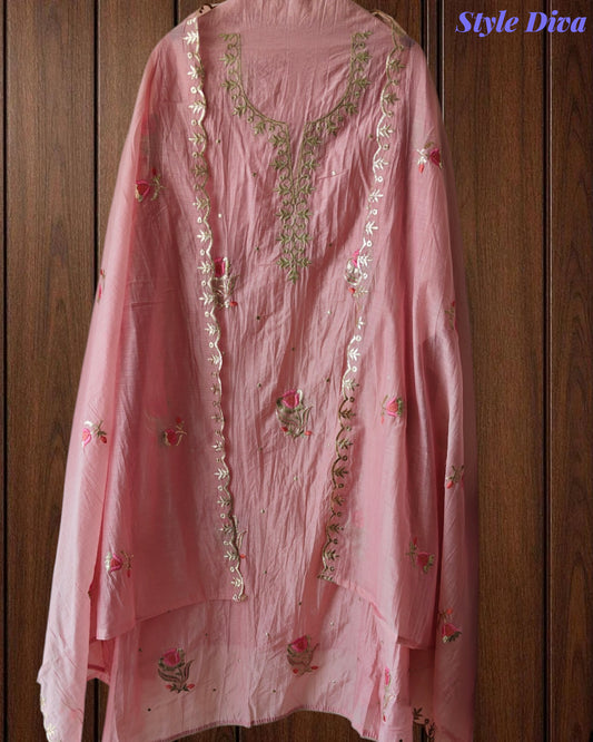 Mul Cotton Pita Work Unstitched Suit with embroidery n Elegant Dupatta