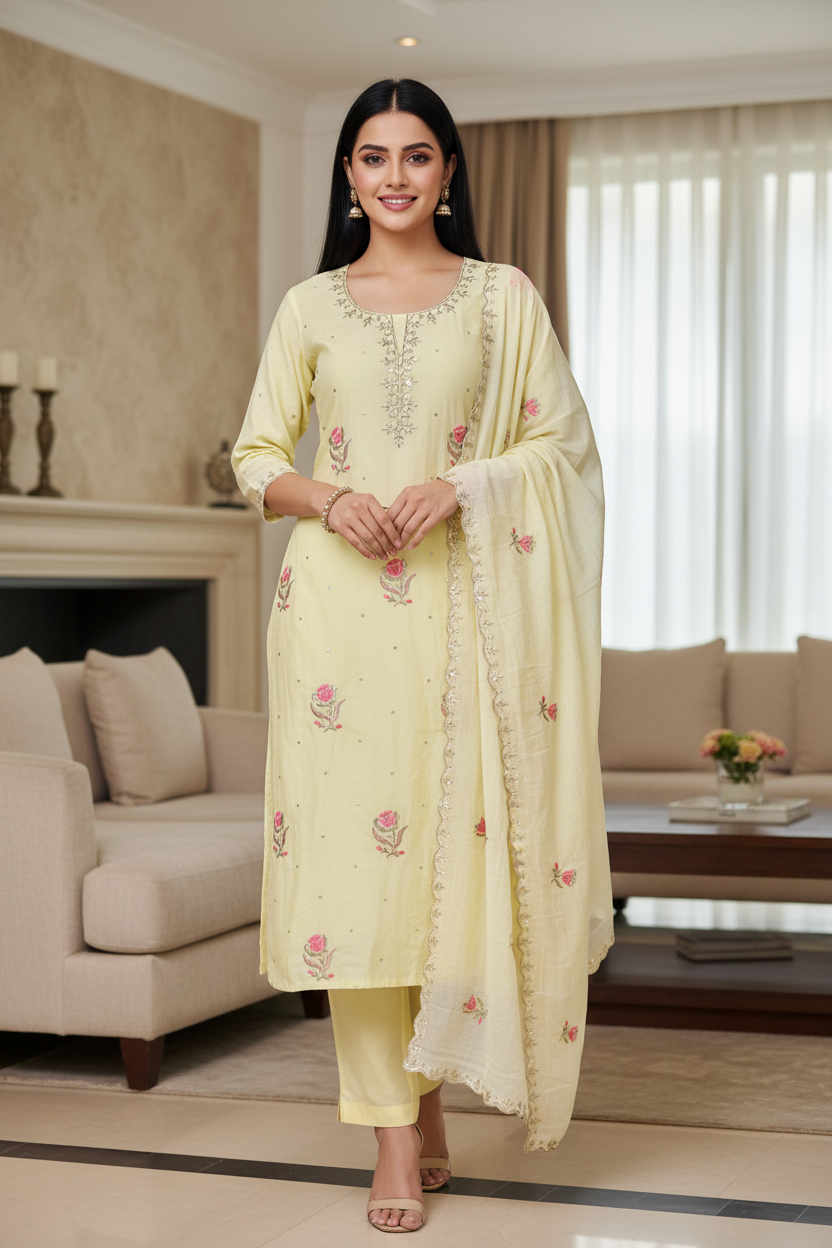 Mul Cotton Pita Work Unstitched Suit with embroidery n Elegant Dupatta