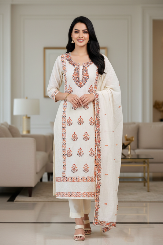 Mul Cotton kashmiri  Embroidered Un-Stitched Suit mul cotton dupatta with Kashmiri embroidery