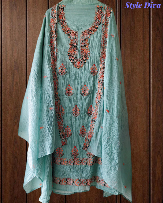 Mul Cotton kashmiri  Embroidered Un-Stitched Suit mul cotton dupatta with Kashmiri embroidery