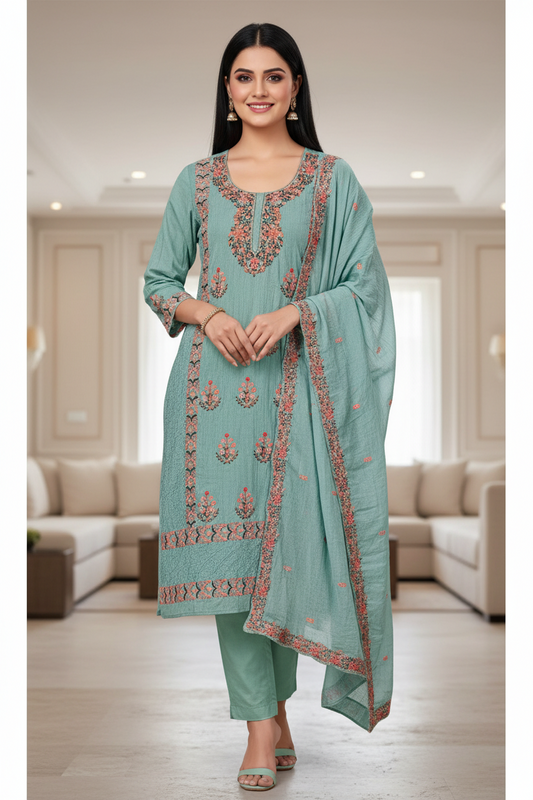 Mul Cotton kashmiri  Embroidered Un-Stitched Suit mul cotton dupatta with Kashmiri embroidery