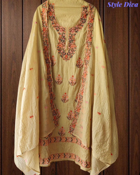 Mul Cotton kashmiri  Embroidered Un-Stitched Suit mul cotton dupatta with Kashmiri embroidery