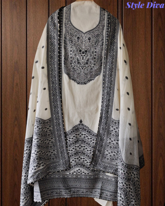 Pure Cotton Weaving Embroidery Unstitched Suit with Coordinated Dupatta