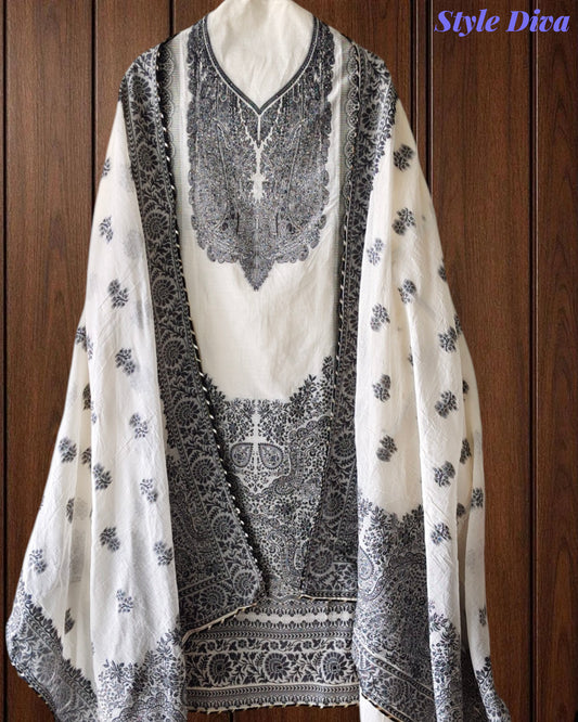 Pure Cotton Weaving Embroidery Unstitched Suit with Coordinated Dupatta