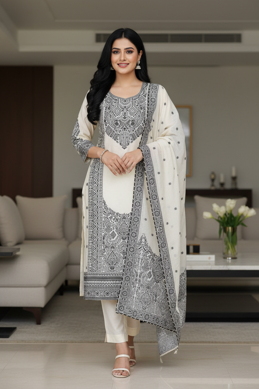 Pure Cotton Weaving Embroidery Unstitched Suit with Coordinated Dupatta