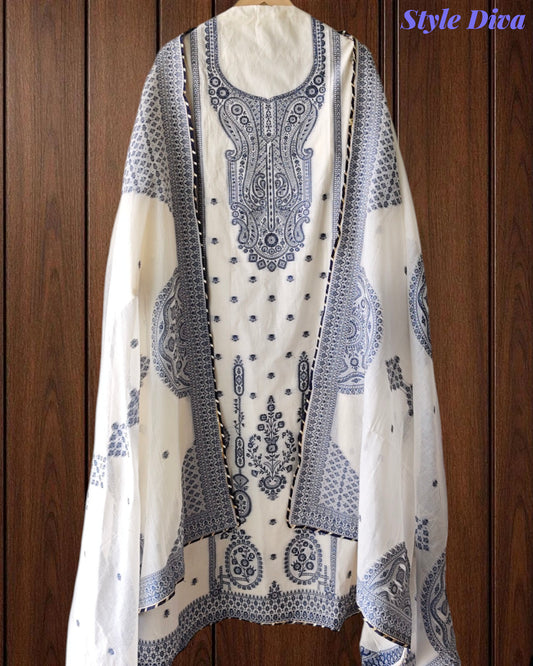 Pure Cotton Weaving Embroidery Unstitched Suit with Coordinated Dupatta