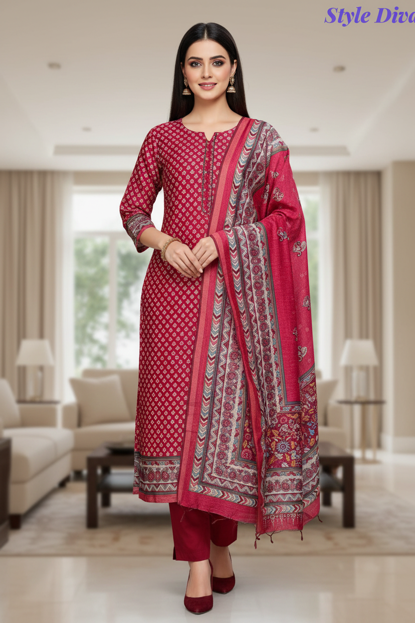 Cotton Maheshwari Digital Print Unstitched Suit with Banarasi Border Dupatta