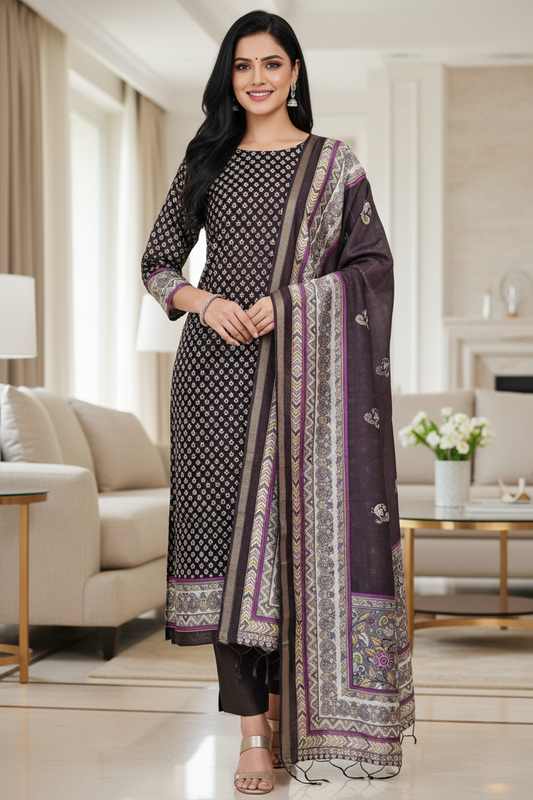 Cotton Maheshwari Digital Print Unstitched Suit with Banarasi Border Dupatta