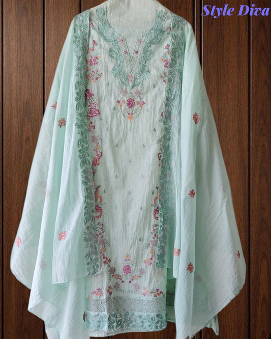 (LIGHT GREEN )-Pure Mul Cotton Cross-Stitch Embroidered Unstitched Suit with Scalloped Dupatta