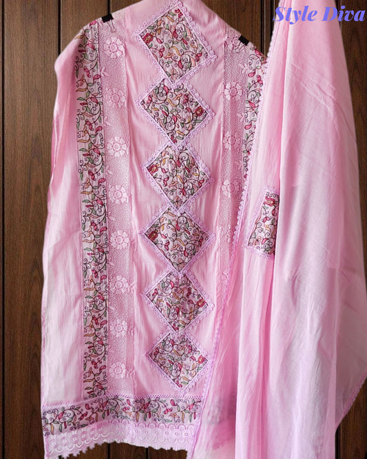 Mul Cotton Pakistani Style Embroidered Unstitched Suit with Crochet Lacing Dupatta