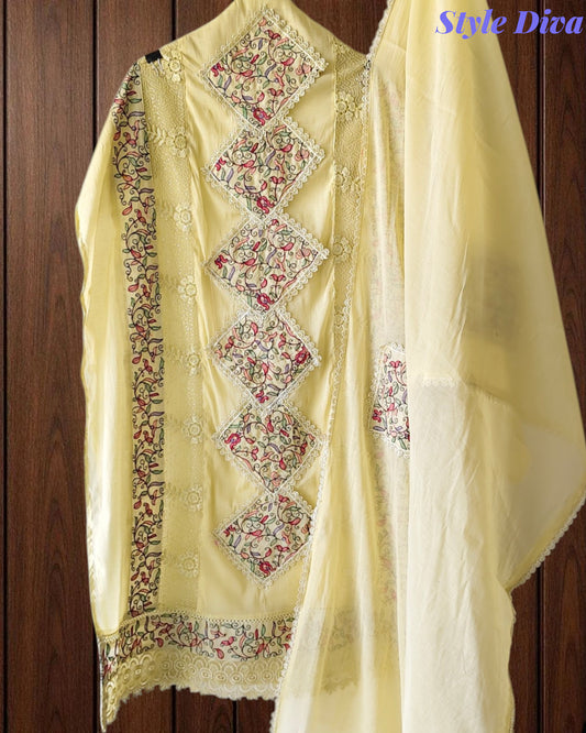 Mul Cotton Pakistani Style Embroidered Unstitched Suit with Crochet Lacing Dupatta