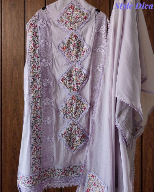 Mul Cotton Pakistani Style Embroidered Unstitched Suit with Crochet Lacing Dupatta