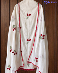 Cotton Pakistani Style Embroidered Unstitched Suit With Crochet Lacing Dupatta and Red Cotton Bottom