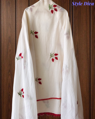 Cotton Pakistani Style Embroidered Unstitched Suit With Crochet Lacing Dupatta and Red Cotton Bottom
