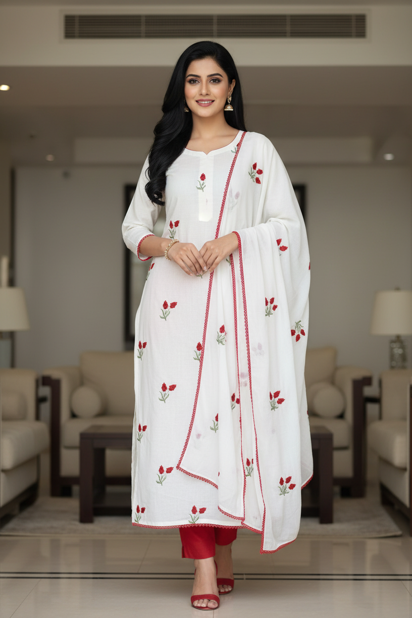 Cotton Pakistani Style Embroidered Unstitched Suit With Crochet Lacing Dupatta and Red Cotton Bottom