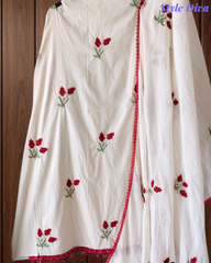 Cotton Pakistani Style Embroidered Unstitched Suit With Crochet Lacing Dupatta and Red Cotton Bottom