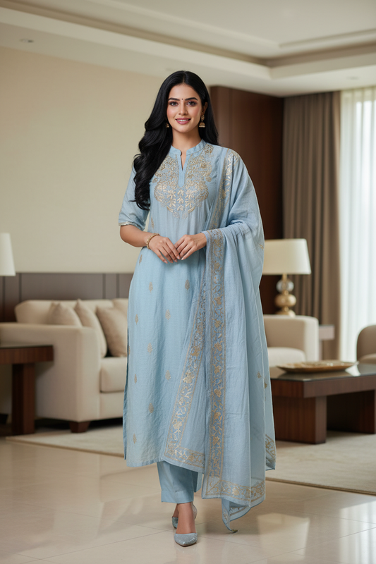 Mul Cotton Pita Work Unstitched Suit With Pita Embroidered Dupatta
